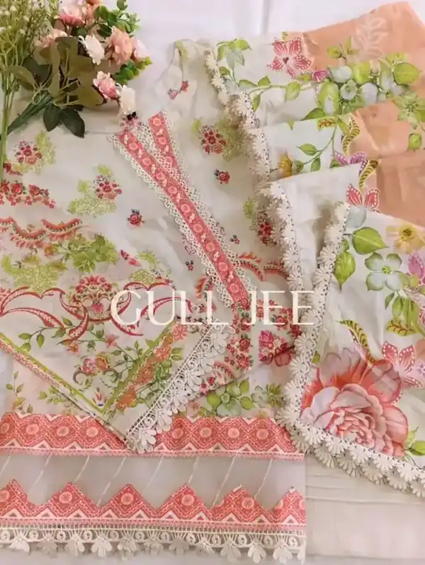 Gulljee Digital Printed Lawn Ivory and Coral Floral