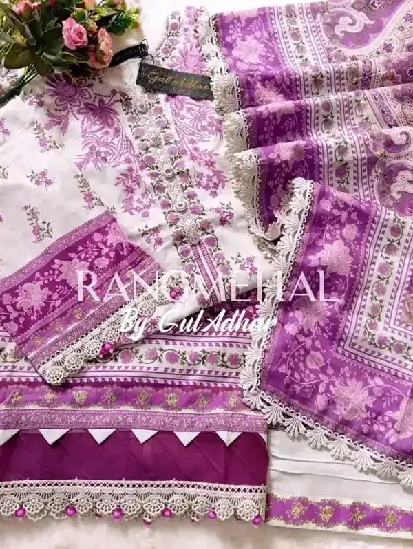 Rang Mehal by Gul Adhar stitched lawn Orchid Purple Ivory