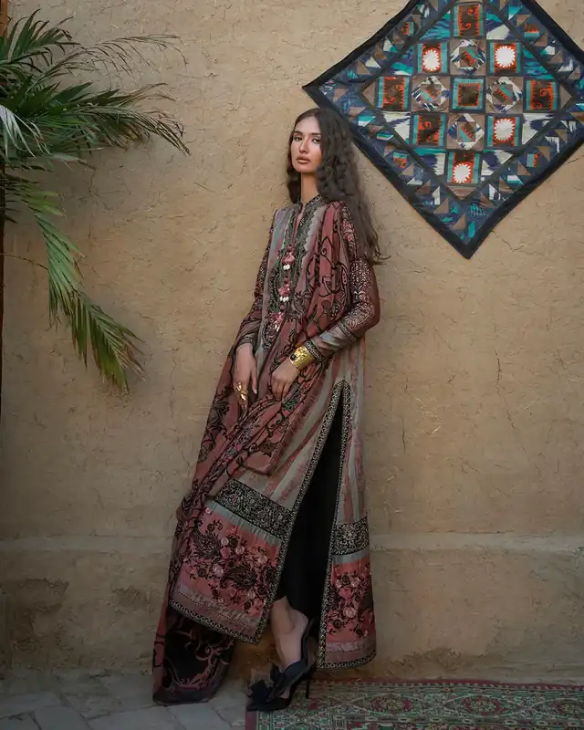 Mushq Broadway Echoes of Registan unstitched winter suit, Rust Stripe