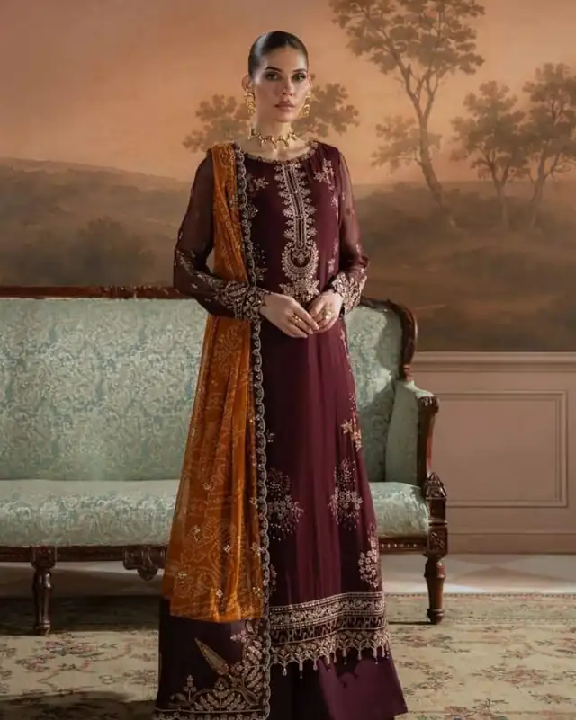 Nureh Amaya Unstitched Luxury Embroidered Chiffon AM-47 Plum and Mustard