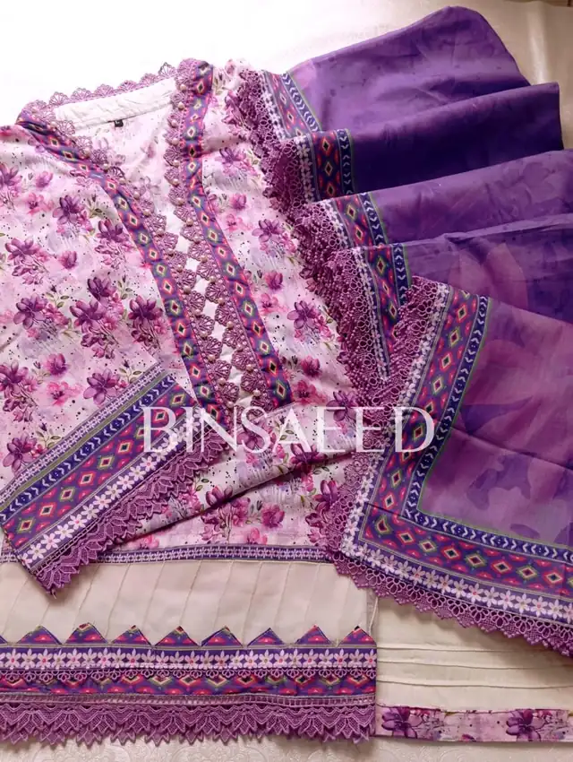 Bin Saeed printed lawn stitched suit with heavy laces, Design 10, Lavender Purple