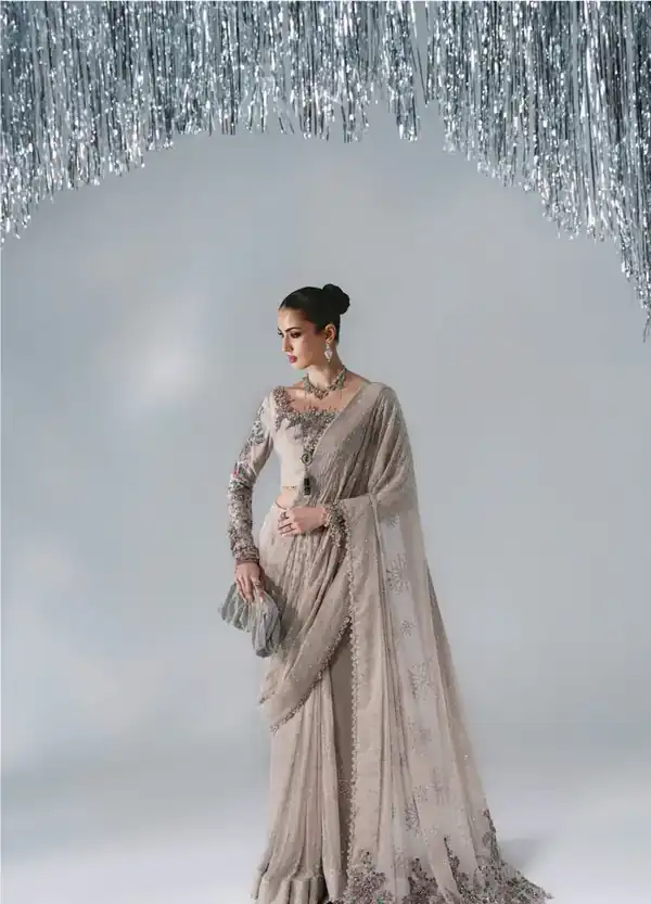 Maria.B Mbroidered Wedding Edition Taupe Embellished Saree Look