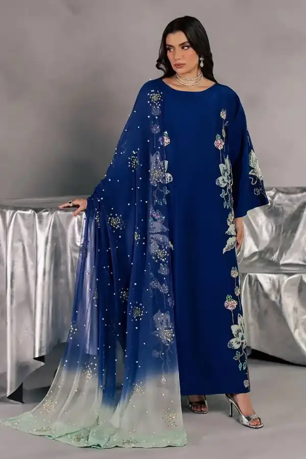 Nurèh Royal Blue Hand Embellished Applique Silk Suit