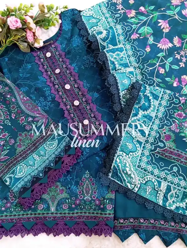 Mausummery Linen Vol-1 2026 Teal Purple Floral stitched suit