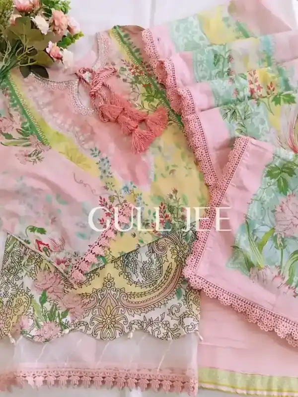 Gulljee Digital Printed Lawn Pink and Yellow Paisley