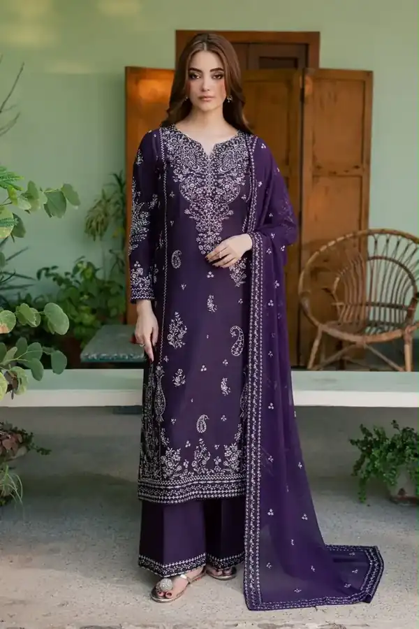 Batik Original Pret Deep Purple embroidered karandi stitched suit