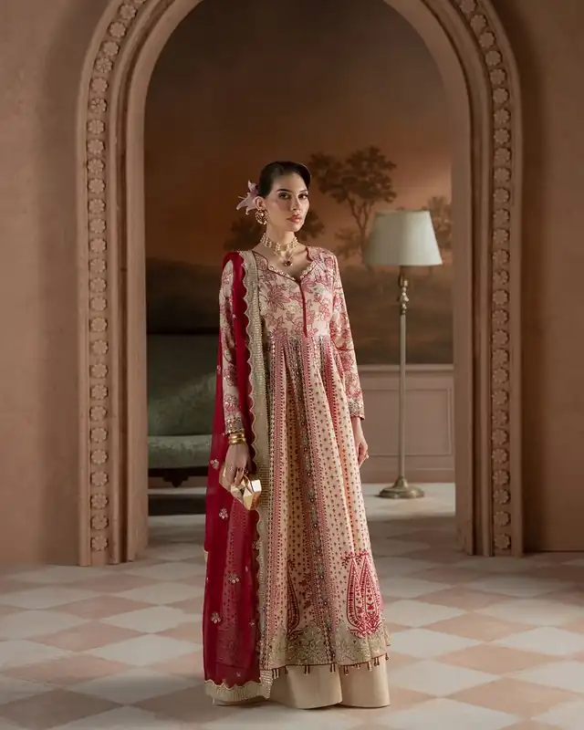 Nureh Amaya Unstitched Luxury Embroidered Chiffon AM-46 Cream and Crimson