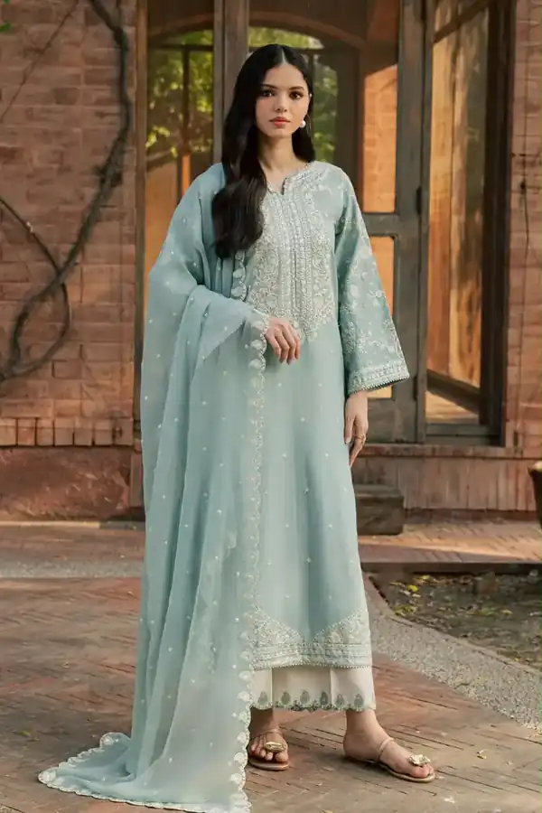 Batik Original Pret Powder Blue embroidered karandi stitched suit