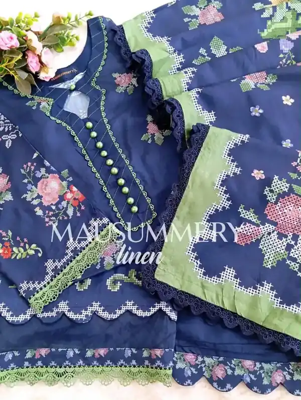 Mausummery Linen Vol-1 2026 Navy Cross-Stitch Floral stitched suit