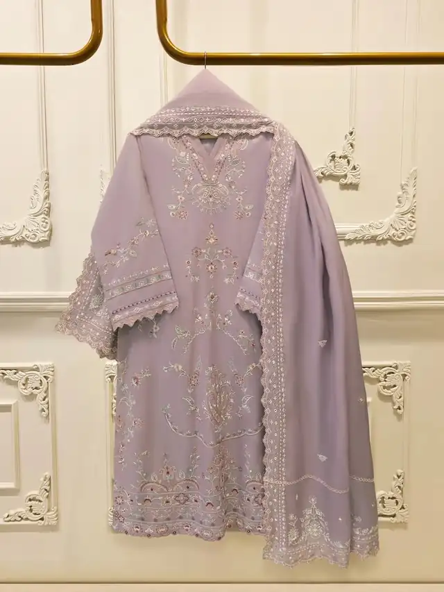 Agha Noor lilac embroidered kora silk three piece suit