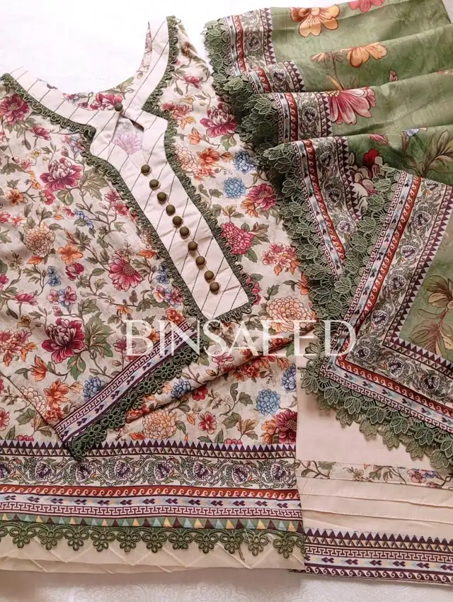 Bin Saeed printed lawn stitched suit with heavy laces, Design 6, Olive and Cream