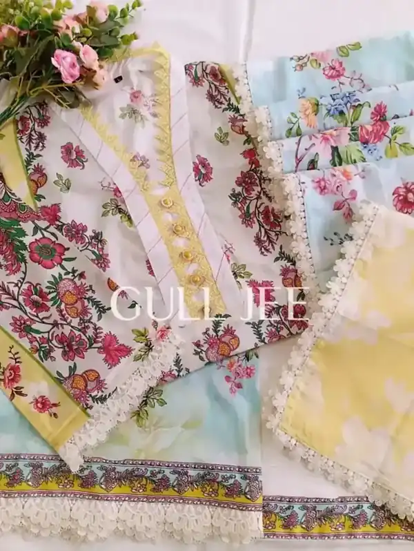 Gulljee Digital Printed Lawn White and Yellow Floral