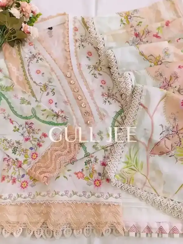 Gulljee Digital Printed Lawn Ivory and Peach Floral