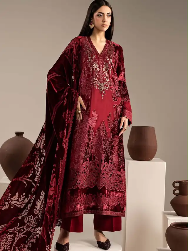 Mariab embroidered Palachi velvet three piece suit, Crimson Red