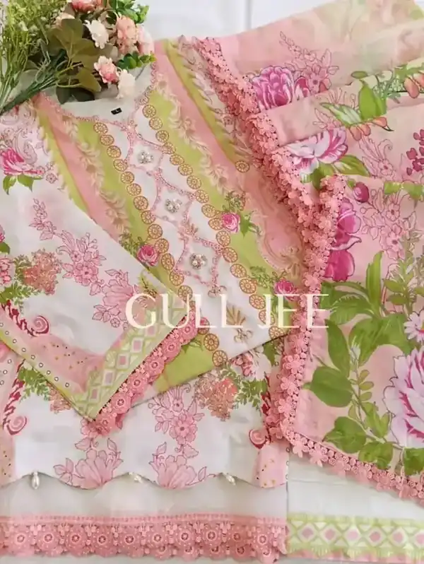 Gulljee Digital Printed Lawn Pink and Lime Floral