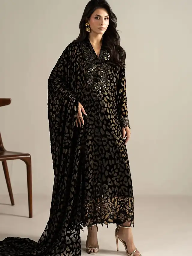 Mariab embroidered Palachi velvet three piece suit, Black and Gold Leopard