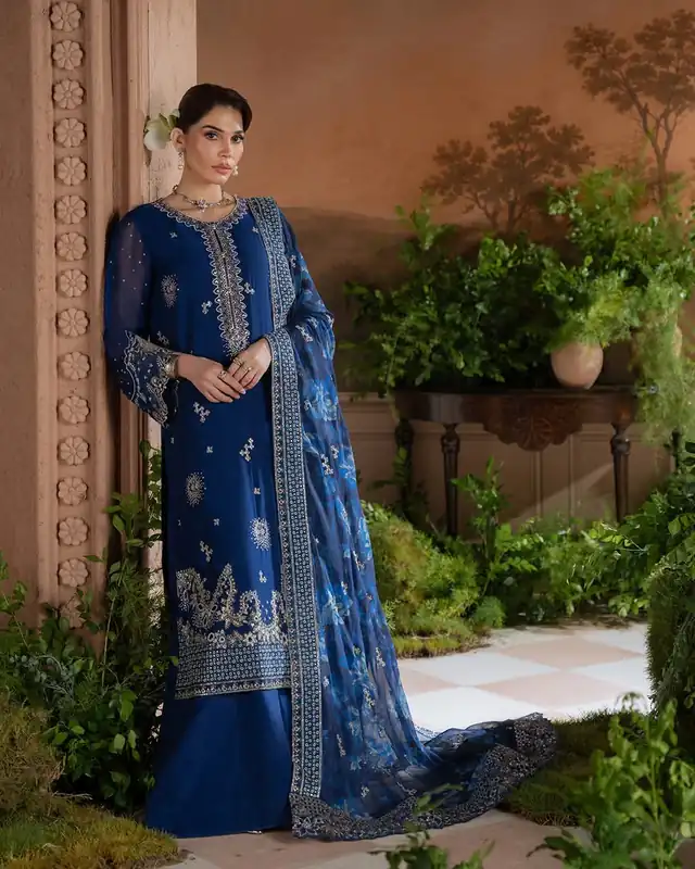 Nureh Amaya Unstitched Luxury Embroidered Chiffon AM-45 Royal Blue