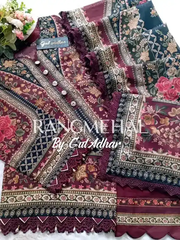 Rang Mehal by Gul Adhar stitched lawn Plum Garden Floral