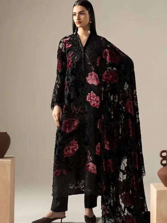 Mariab embroidered Palachi velvet three piece suit, Black and Rose