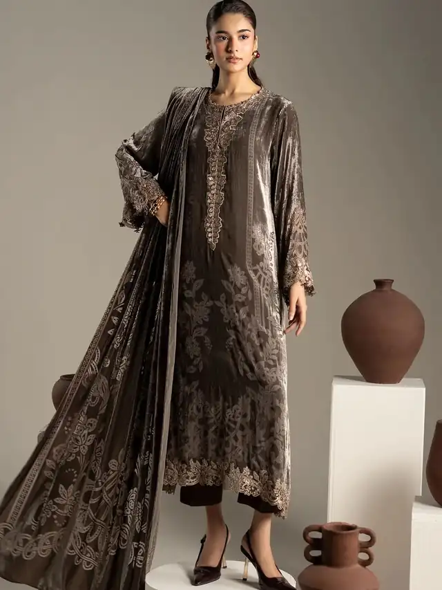 Mariab embroidered Palachi velvet three piece suit, Mocha Taupe