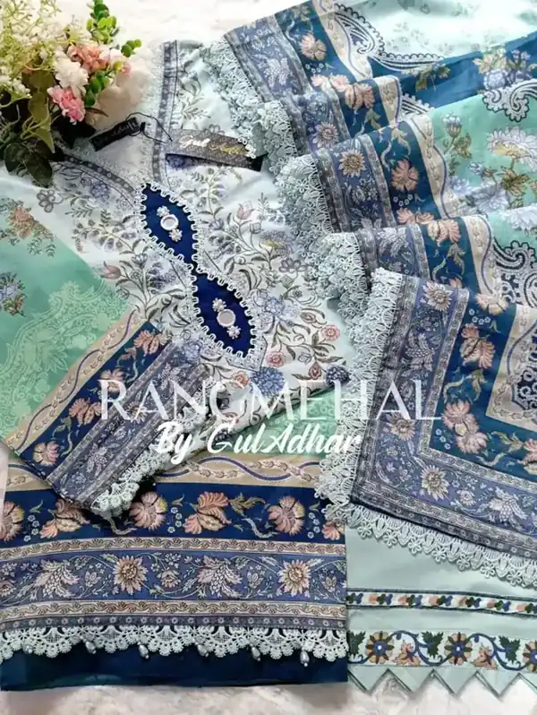 Rang Mehal by Gul Adhar stitched lawn Aqua Blue Floral