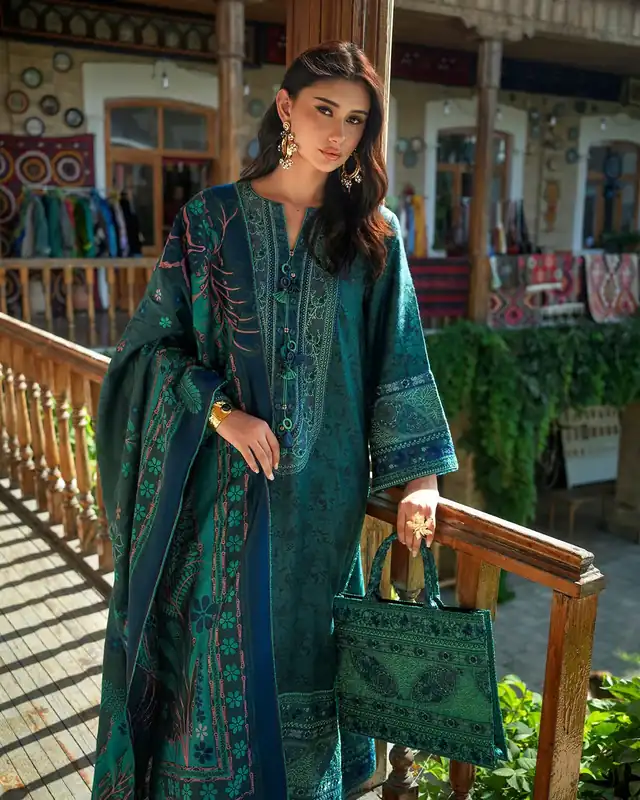 Mushq Broadway Echoes of Registan unstitched winter suit, Emerald Teal