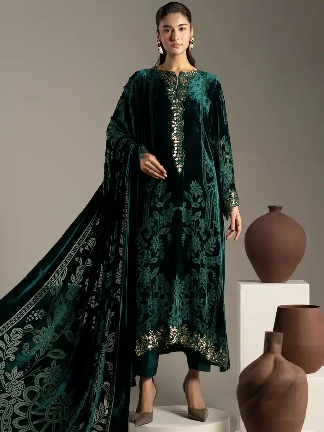 Mariab embroidered Palachi velvet three piece suit, Emerald Green