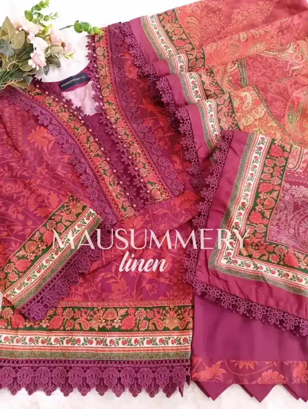 Mausummery Linen Vol-1 2026 Plum Coral Floral stitched suit