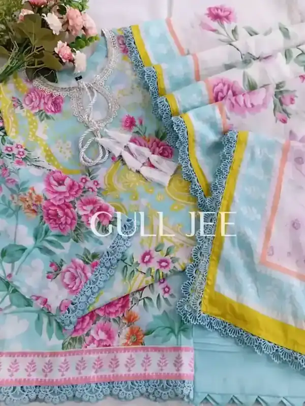 Gulljee Digital Printed Lawn Sky Blue Floral