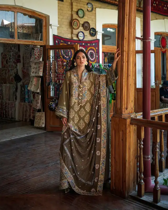 Mushq Broadway Echoes of Registan unstitched winter suit, Olive Gold