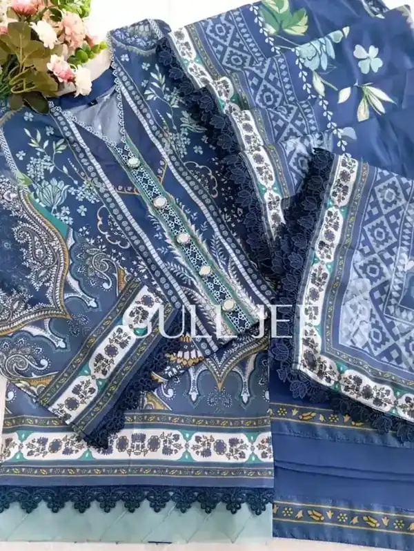 Gulljee Digital Printed Lawn Indigo Blue Paisley