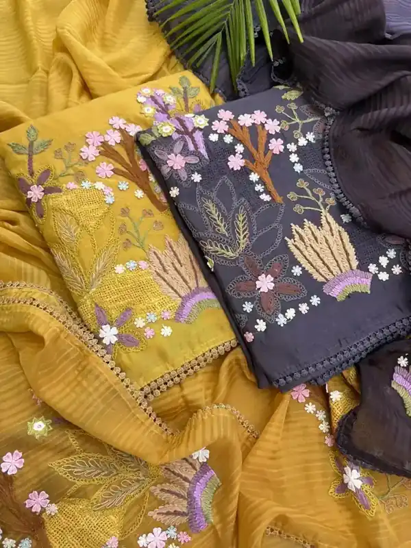 Mustard Mul Linen Silk Dori Embroidered suit with Organza Silk dupatta
