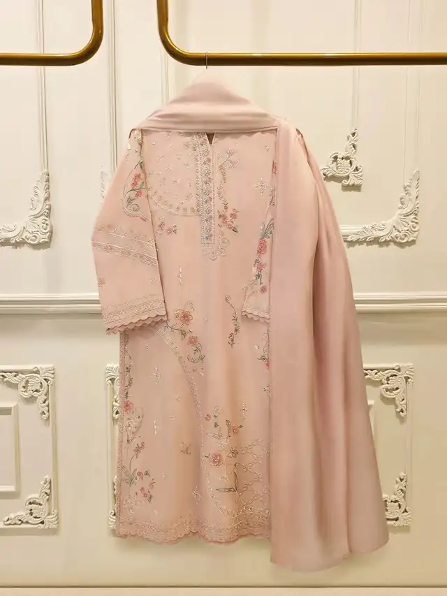 Agha Noor peach embroidered khaddi silk three piece suit S115694