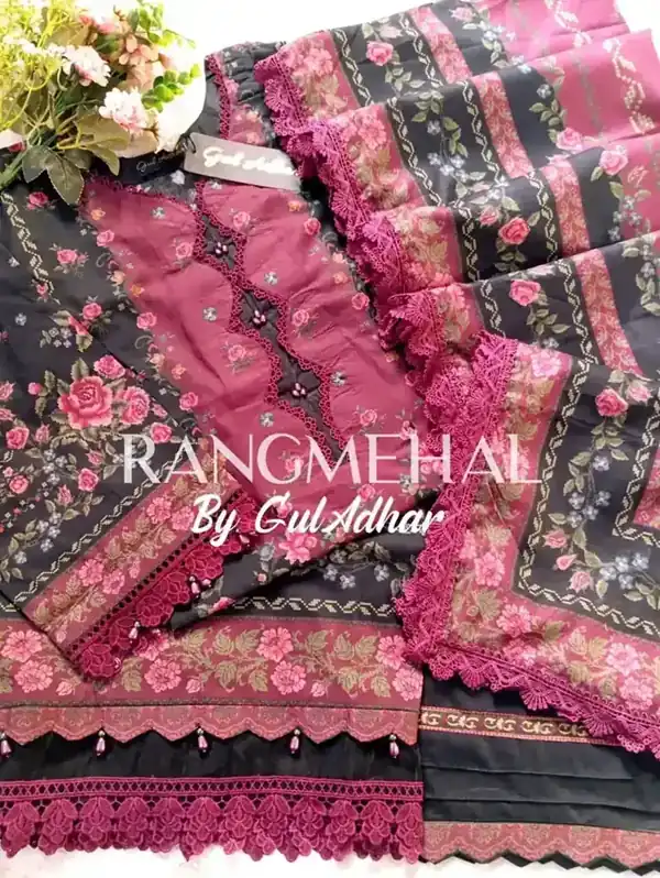 Rang Mehal by Gul Adhar stitched lawn Black Rose Magenta