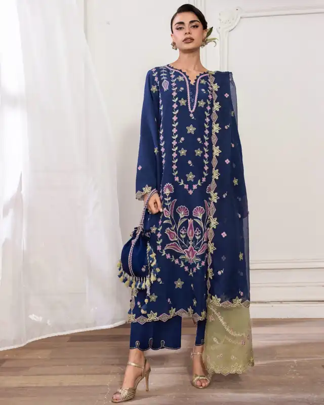 Rang Rasiya Lumiere Embroidered Raw Silk Romance Azul - Deep Blue