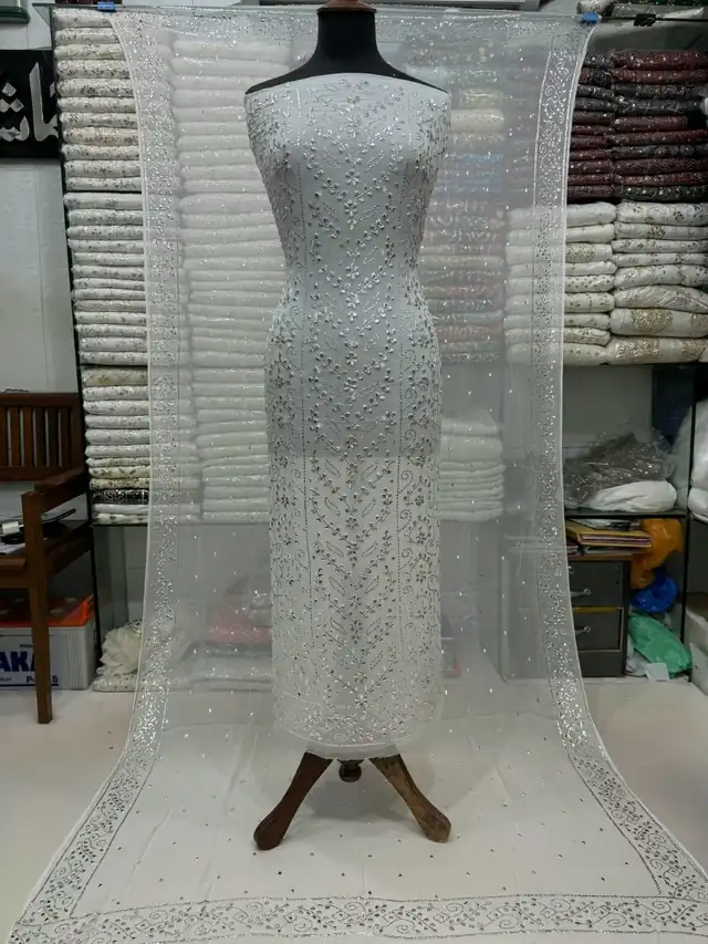 Pure white silver mukaish work unstitched crinkle chiffon suit with four-side mukaish dupatta, Design 2
