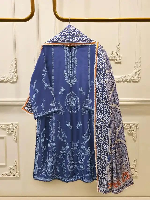 Agha Noor navy blue embroidered Korean silk three piece suit S115699