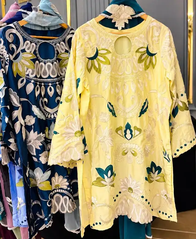 Silk embroidered heavy work suit with chiffon 3D flower dupatta, Yellow