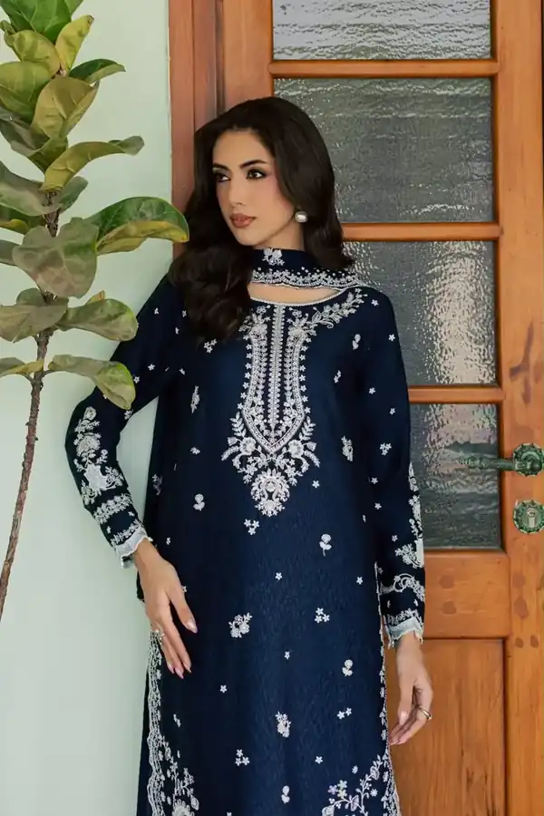 Batik Original Pret Navy Blue embroidered karandi stitched suit